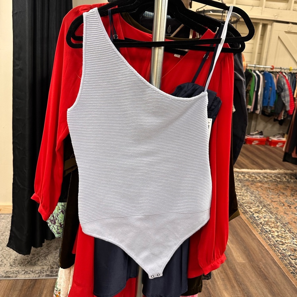 Abercrombie & Fitch Light blue ribbed knit one shoulder body suit thong NWT M